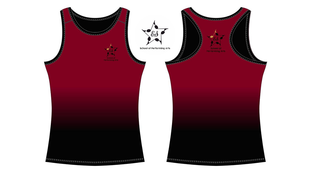 ESSOPA branded sleeveless vest in deep red fading to black, front and back views