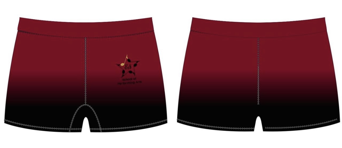 ESSOPA branded shorts in deep red fading to black, shown from the front and back