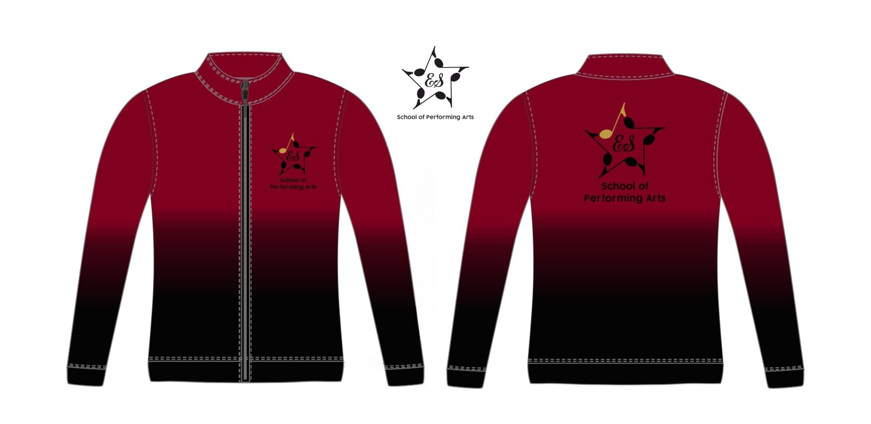 ESSOPA branded dance jacket in deep red fading to black, shown from the front and back with the school star logo