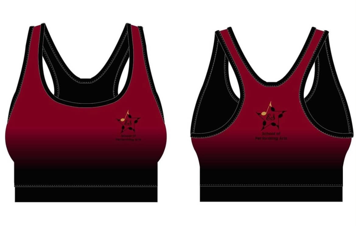 ESSOPA branded crop top in deep red fading to black, shown from the front and back