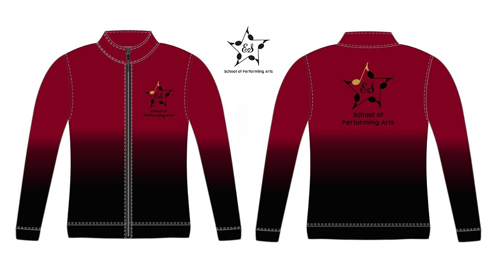 ESSOPA branded zip dance jacket in deep red fading to black, front and back views