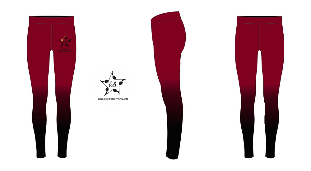 ESSOPA branded leggings in deep red fading to black, shown front, side and back